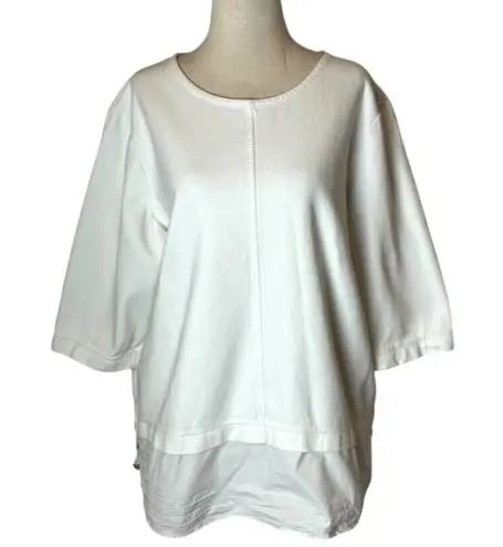 COS Shirt Women Large White Cotton Half Sleeve Mixed Fabric Shirttail Hem Top