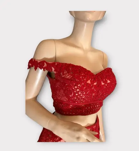 Ellie Wilde Mon Cheri Size 4 red Lace Crochet Nude Illusion prom dress EW118059