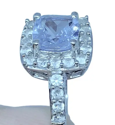 Aquamarine White Sapphire Halo Women's Engagement Ring in Sterling Silver Sz 6
