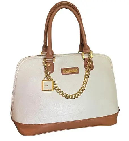 JOY & IMAN GENUINE Leather Satchel Timepiece Handbag. Tan