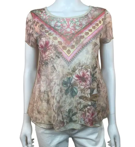 Sundance Catalog Floral Mesh Overlay Short Sleeve Top