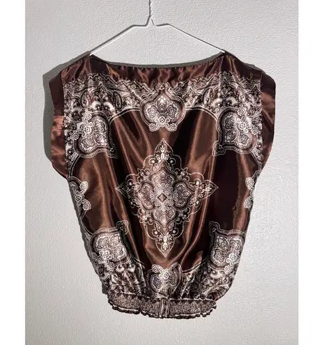 Heart & Soul Brown Satin Bandana Print Blouse – casual bojo Size M Size M
