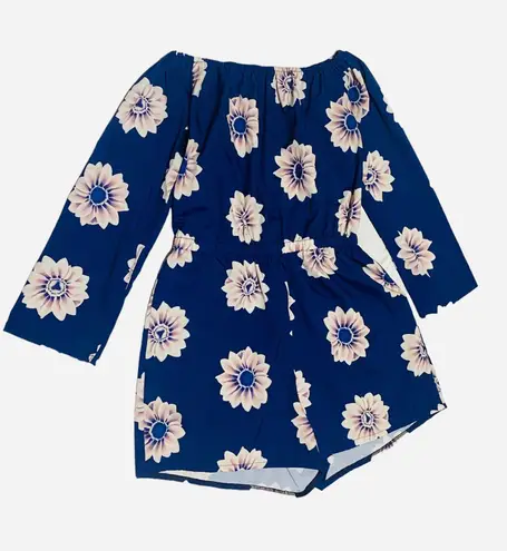 Blue Romper shorts Floral off shoulder modern woman size S