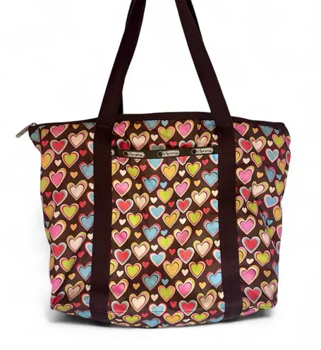 LeSportsac DeLuxe Everyday Bag Purse Brown Colorful Hearts EUC Tote Waterproof