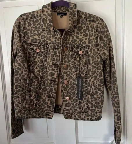 See Thru Soul Fitted Leopard Animal Print Denim Trucker Jacket Size XS NWT Tan
