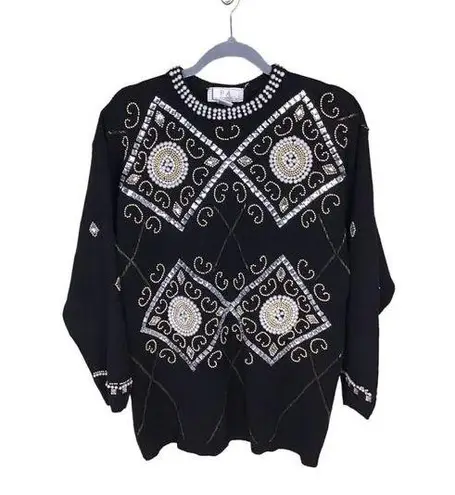 PA International Vintage Women Sweater Med Black Embroidered bedazzled Holiday