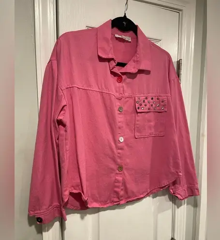 Pink City Size L Pink Bedazzled Pocket Long Sleeve Colorful Mixed Button Shirt Size L