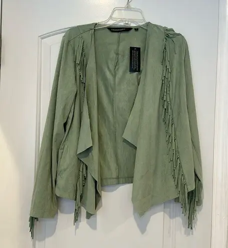 NWT Colleen Lopez Faux Suede Fringe Lightweight Jacket Sage Green Sz S