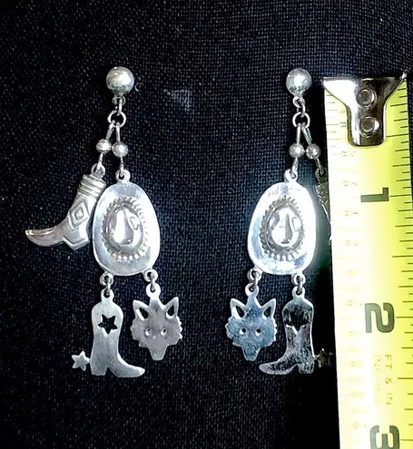 Sterling Silver Vintage Western Drop Dangle Hat Boots Spurs Coyote Post Earrings