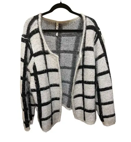 Ny Collection Black Off-White Windowpane Eyelash Open Front Cardigan Sz …