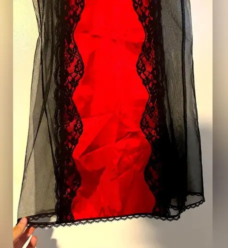 Frederick's of Hollywood Vintage Frederick’s of Hollywood Red Satin and Black Lace Sheer Whimsigoth Slip