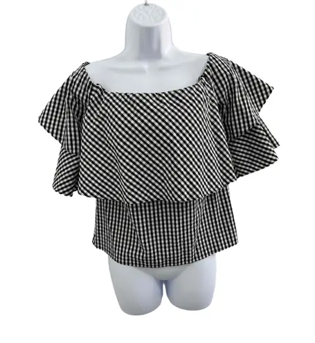 WAYF Gingham Pattern Ruffle Sleeves Off the shoulder Blouse Small preppy