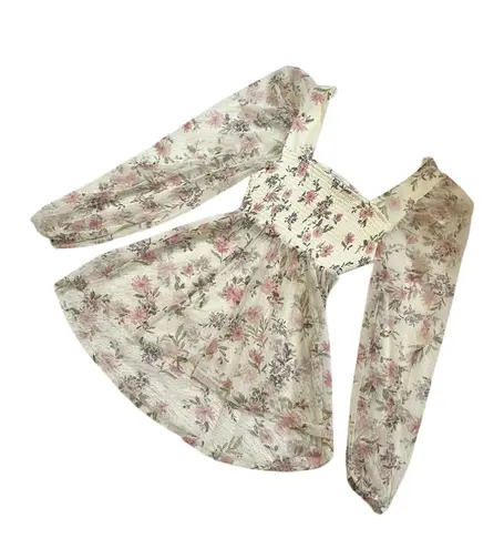 Square neck floral print sweet coquette sheer long sleeve top Pink Size L