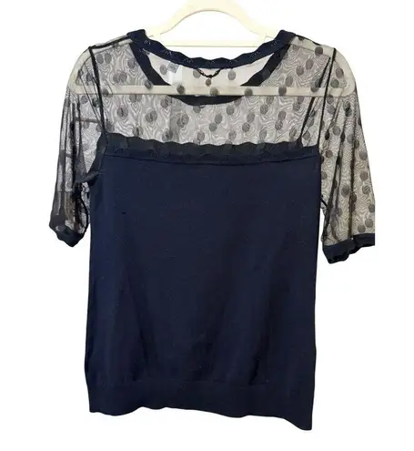 Knitted & Knotted Anthropologie Black Short Sleeve Knit Top Sheer Polka Dot Bodi