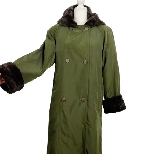 Larry Levine VTG Double Breasted Maxi Long Trench Coat Green Hooded faux Fur M