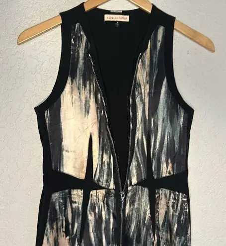 Rebecca Taylor Silk Artsy Front Zip Dress Black Watercolor Camo Cocktail Party