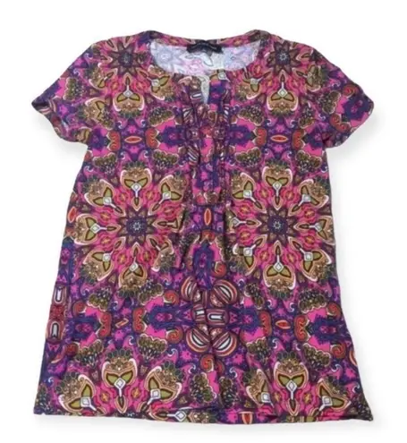 Jones New York Women’s Multicolor Geometric Print Short Sleeve Top Size S Pink