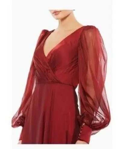 Mac Duggal Blouson Dress Women's 18 Red Sheer Long Sleeve Surplice Ball Gown B4