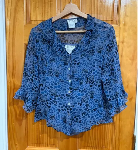 TESS 100% Silk 2 Piece Set Women's 14 Blue Leopard Sheer Blouse & Tank Top