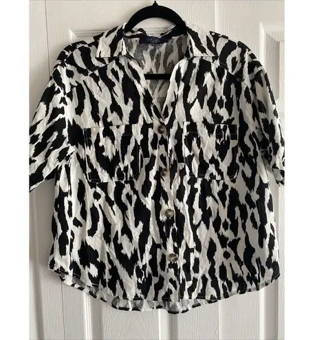 Rachel Roy Women's Black White Casual Short Sleeve Medium Linen Blend Top