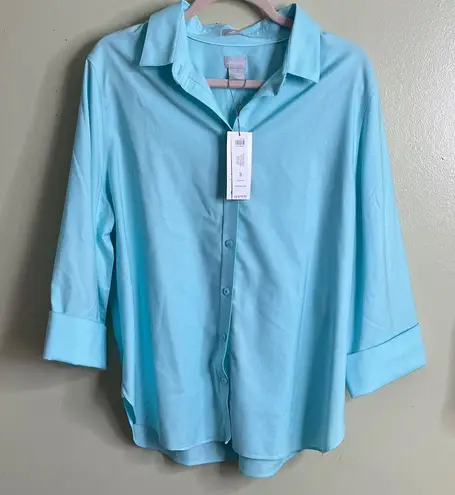 Chico's Chico’s No Iron Stretch Oxford Shirt, 3/4 sleeve No Iron, clear Aqua,size: 3/ 16
