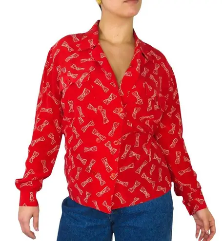 1980s Vintage Red Silk Button Down Collared Blouse with Polka Dot Bows Small