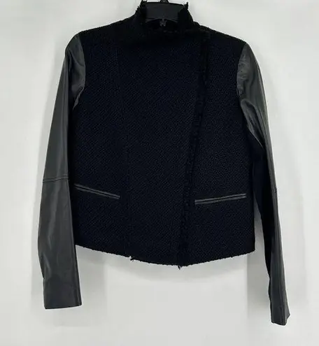 Vince  Boucle Scuba Moto Jacket Lambs Leather Sleeves Black Frayed Hem Size S