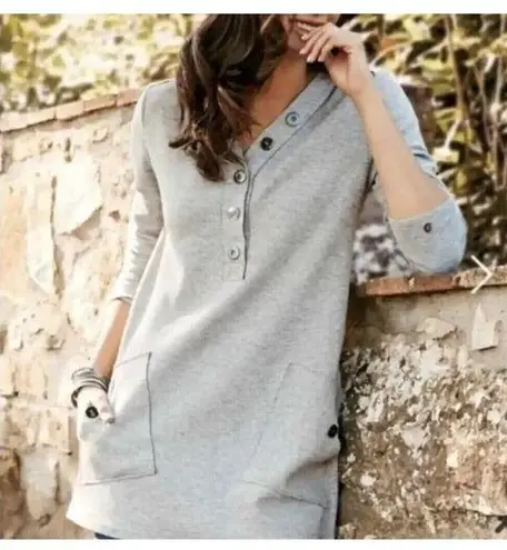 Soft Surroundings Tunic Top Medium Heather Grey Buttons Pocket Waffleknit Blouse