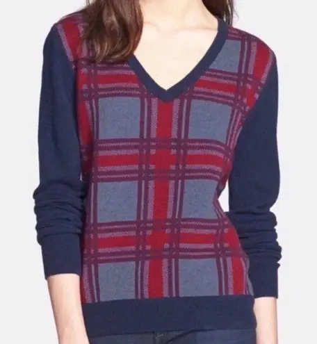 Equipment Cecile Plaid V-Neck Blue Red Sweater Size S