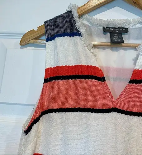 Chelsea & Theodore Woven Striped Fringe Trim Shift Dress 100% Cotton Size SP Blue