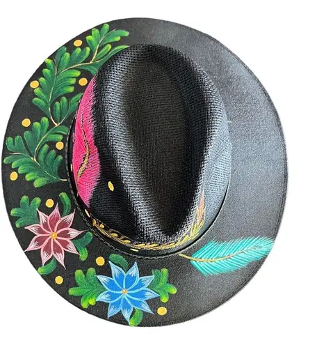 HAT MEXICAN Artisanal Hand Painted Fedora Floral Sombrero Panama Bohemian Black
