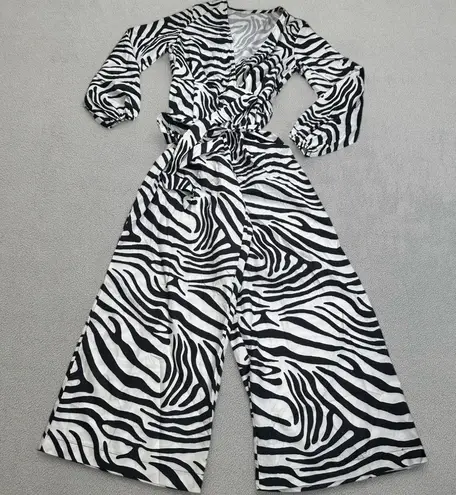 S.DEER Jumpsuit Zebra Print Wide Leg Long Sleeve V Neck Tie Waist One Piece NWT Black
