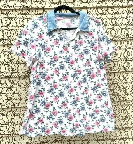 Vintage 90s floral denim collared T
