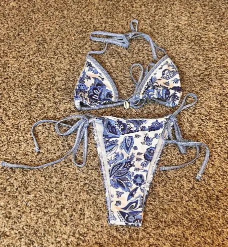 Blue Floral Print Tie Side Bikini Set Women's Swimsuit Beach Vacation Summer