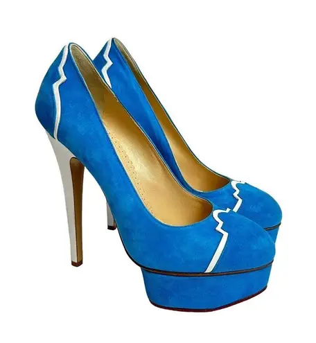 Charlotte Olympia Pumps Womens 37 Blue Suede DOLLY Platform Heels shoes $995