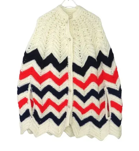 1980s Vintage Cream, Blue, & Red Granny Knit Poncho Shall Sweater Cozycore Size M