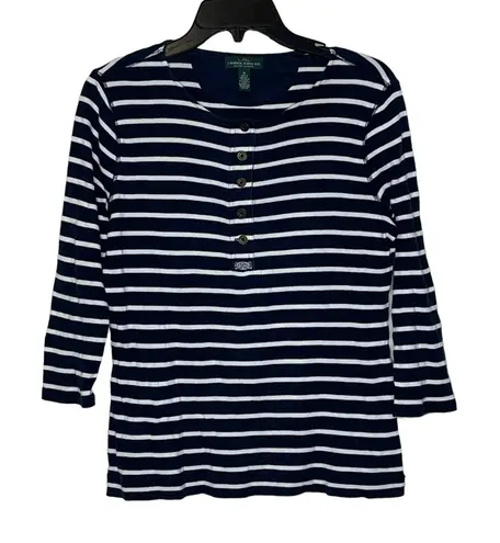 LRL Lauren Jeans Co. Striped Henley Top Women Medium 3/4 Sleeve Front Button Blue