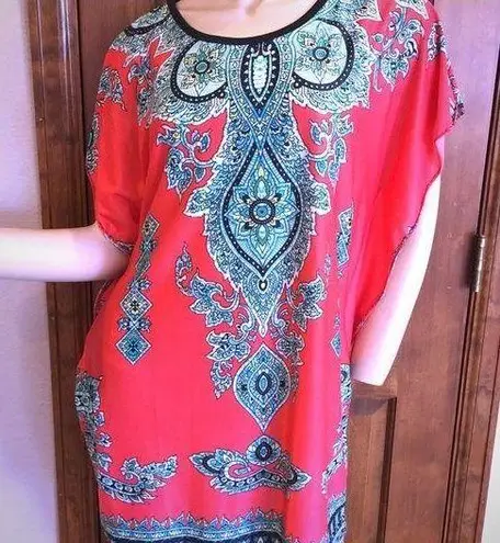 Coral Turquoise & Black Belted Tunic Dress Size M