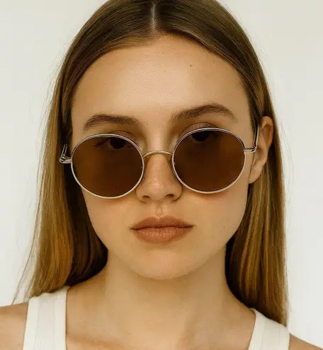 Gold Round Metal Frame Sunglasses Unisex Brown Tint Lenses Vintage Style