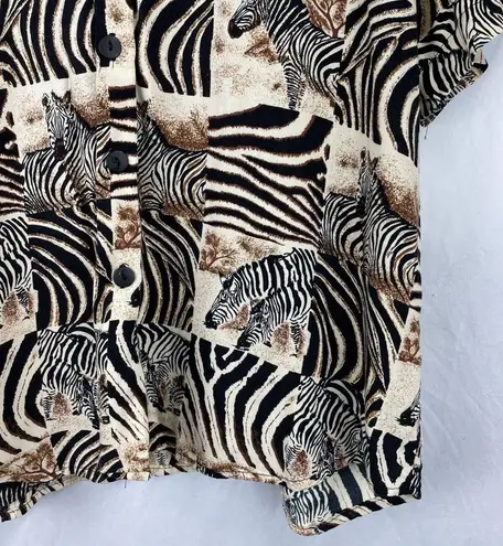 Vintage Zebra Animal Print Button Down Top Black Size L