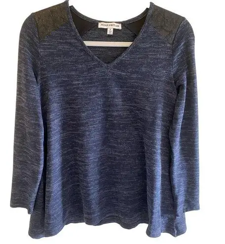 Jones Wear  Navy Blue 3/4 Sleeve V-Neck Tight Knit Top Faux Leather Detail Size S