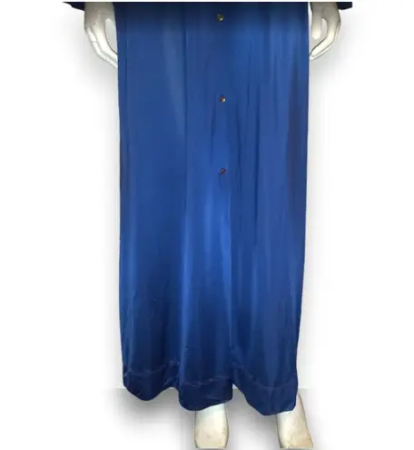 Vintage Shadowline Satin Long Sleeve Robe-Large-Embroidered Rose Yoke-Pockets-