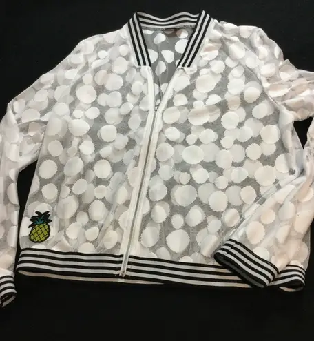 Zoe White Polka Dot Sheer Mesh Bomber Jacket Pineapple Patch Striped Trim L Size L