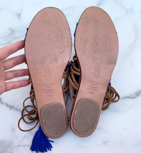 Aquazzura women’s braided blue suede ankle-tie flat sandal size IT 38.5 US 8.5