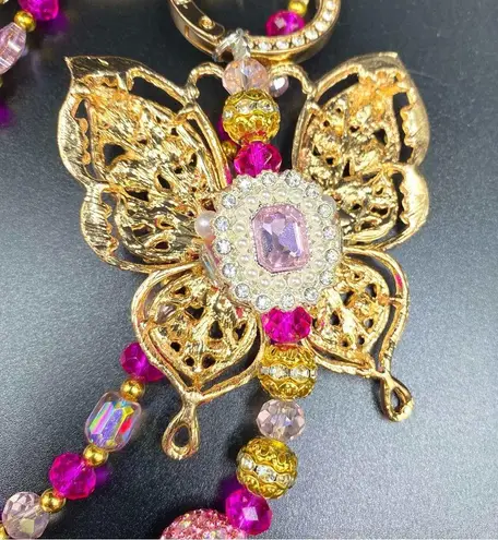 Handmade đź©·Luxury Bag/Phone Chain Charm/Keychain Pink Rhinestone Butterfly Crystal Beads