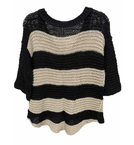 Free People  Open Knit Black Tan 1/2 Flare Sleeve Oversized Sweater‎ Size Small