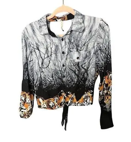 Painna Long Sleeve Crop Top Womens Med/Large Art To Wear Tiger Goth Grunge Y2K Black