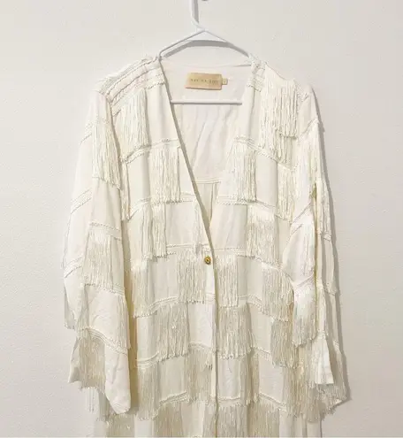 Marina Bitu White Fringe Kimono Jacket Long Button Front Size U =OS