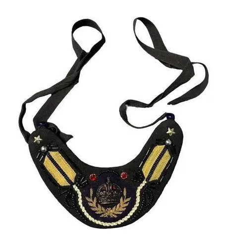 Handmade Vintage Bib Necklace British Crown Beaded Unique 1970s Fabric Black