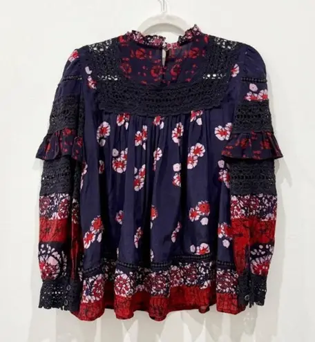 Sea New York Eloise Ruffled Long Sleeve Boho Blouse Top Navy/Red Women's Size 4 Blue
